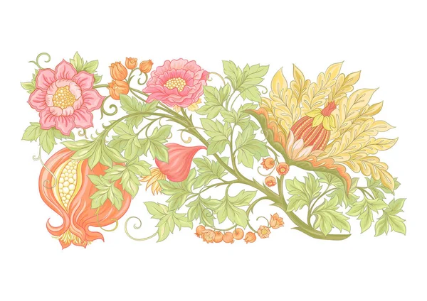 Flores de fantasía en estilo retro, vintage, bordado jacobeo. — Vector de stock