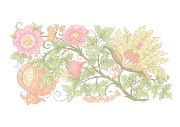 Fantasie bloemen in retro, vintage, jacobese borduurstijl. — Stockvector