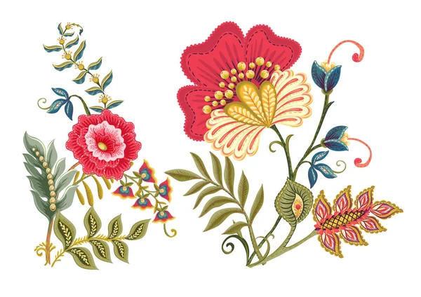 Fantasie bloemen in retro, vintage, jacobese borduurstijl. — Stockvector