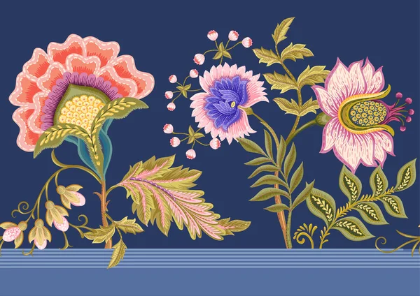 Fantasie bloemen in retro, vintage, jacobese borduurstijl. — Stockvector