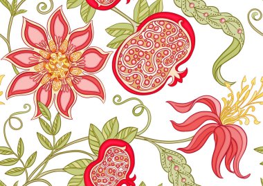 Sanat tarzında dekoratif nar meyveleri ve çiçekler.,