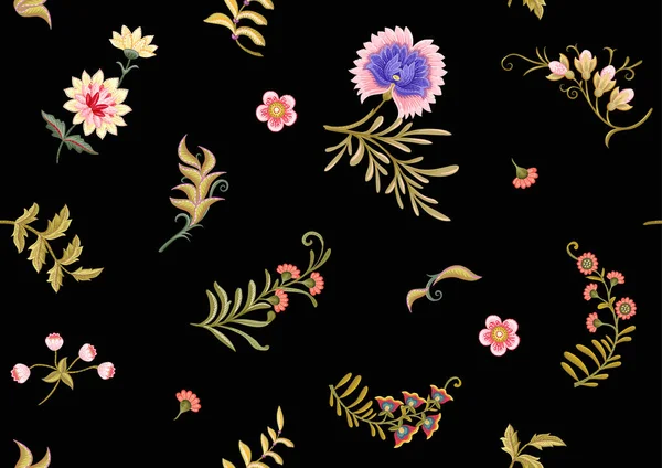 Flores de fantasía en estilo retro, vintage, bordado jacobeo. — Vector de stock