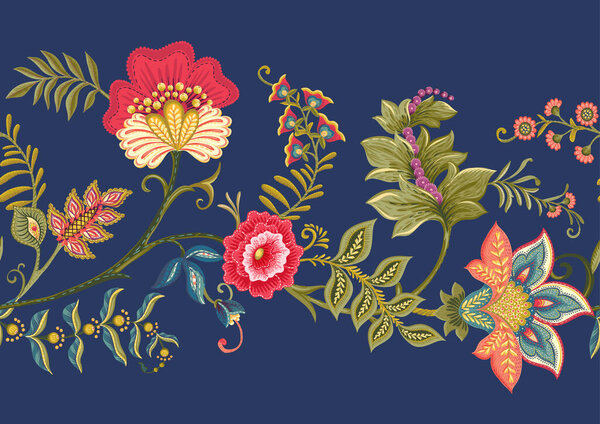 Fantasy flowers in retro, vintage, jacobean embroidery style. 
