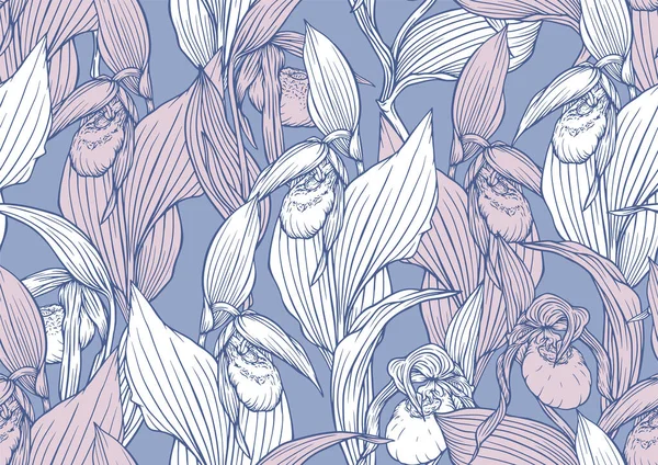 Orchidée pantoufle Ladys. Cypripedioideae. Modèle sans couture, fond. — Image vectorielle