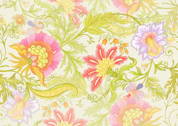 Flores de fantasía en estilo retro, vintage, bordado jacobeo. — Vector de stock