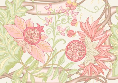 Sanat tarzında dekoratif nar meyveleri ve çiçekler.,