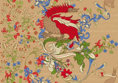 Çiçek bağbozumu deseni. Ortaçağ İlluminati el yazması.