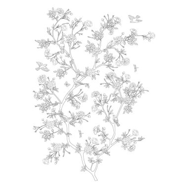 Camellia blossom tree With sparrow, finches, butterflies, dragonflies.