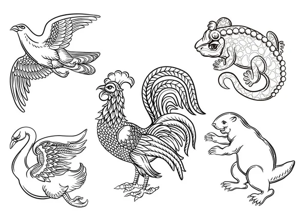 Animales y aves heráldicos simbólicos. — Vector de stock