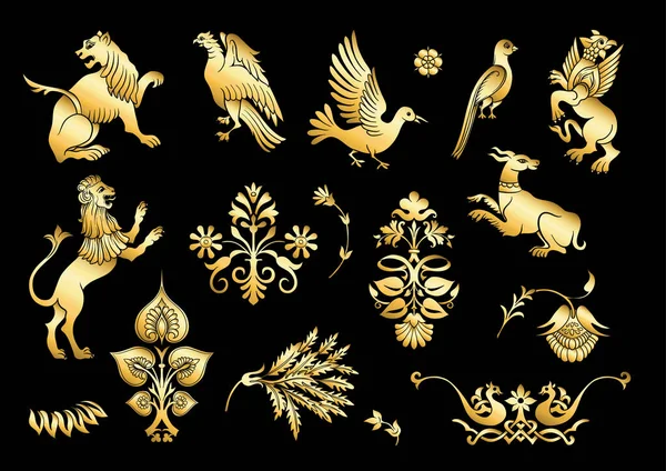Byzantine traditional historical motifs of animals, birds, flowers and plants — Stock Vector