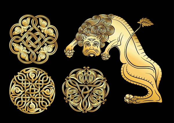Motifs historiques traditionnels byzantins d'animaux, d'oiseaux, de fleurs et de plantes — Image vectorielle
