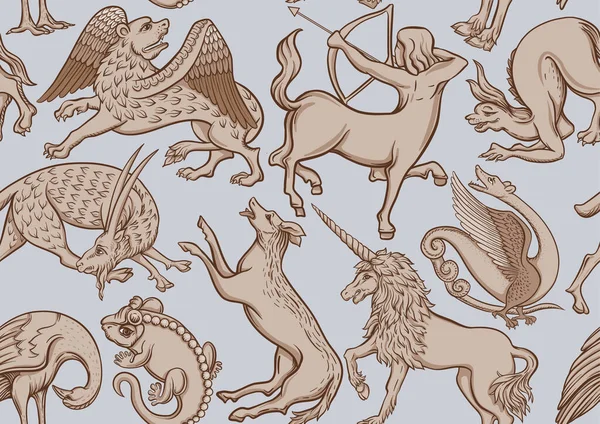 Medieval mythical animals, illuminati manuscript inspiration, romanesque style. — Vector de stock
