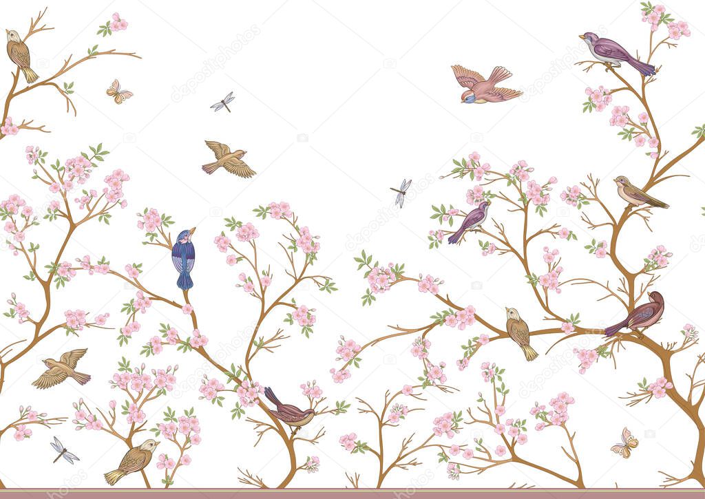 Cherry blossom tree, sakura With sparrow, finches, butterflies, dragonflies