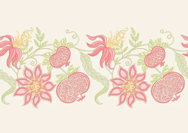 Dekorative Granatapfelfrüchte und Blumen im Jugendstil, — Stockvektor