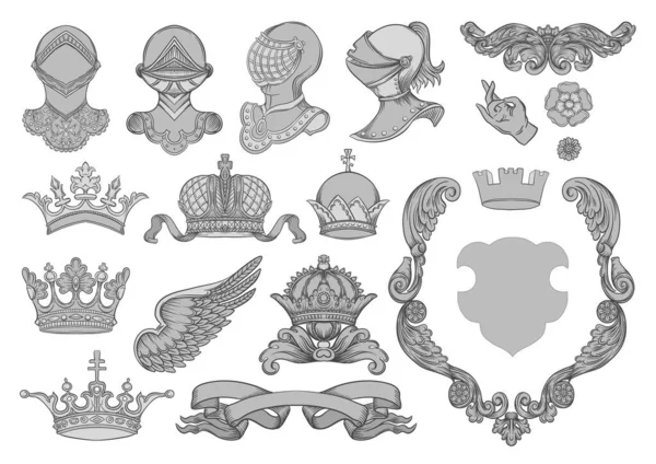 Set of crowns, knight, helmet, shield, coat of arms, ribbon,crawnset1zz — 스톡 벡터