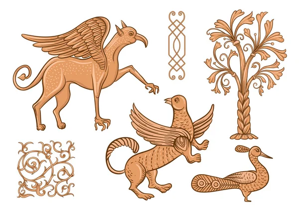Bysantinska traditionella historiska motiv av djur, fåglar, blommor och växter — Stock vektor