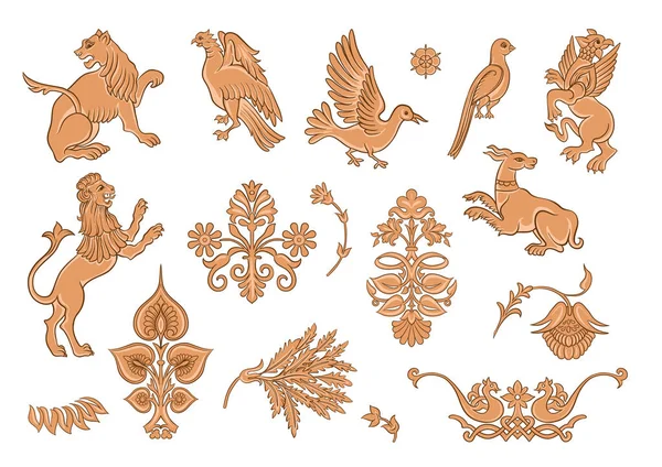 Bysantinska traditionella historiska motiv av djur, fåglar, blommor och växter — Stock vektor