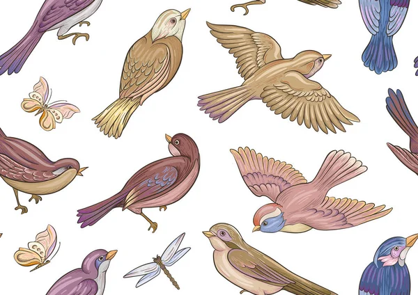 Départ oiseaux : moineau, pinsons, papillons, libellules — Image vectorielle