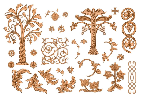 Byzantine traditional historical motifs of animals, birds, flowers and plants — Archivo Imágenes Vectoriales
