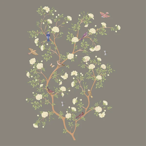 Ανθισμένο δέντρο Καμέλιας Με σπουργίτι, σπίνοι, πεταλούδες, λιβελούλες. — Διανυσματικό Αρχείο