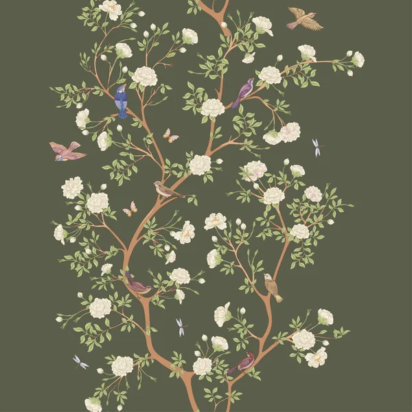 Camellia blossom tree With sparrow, finches, butterflies, dragonflies — стоковый вектор