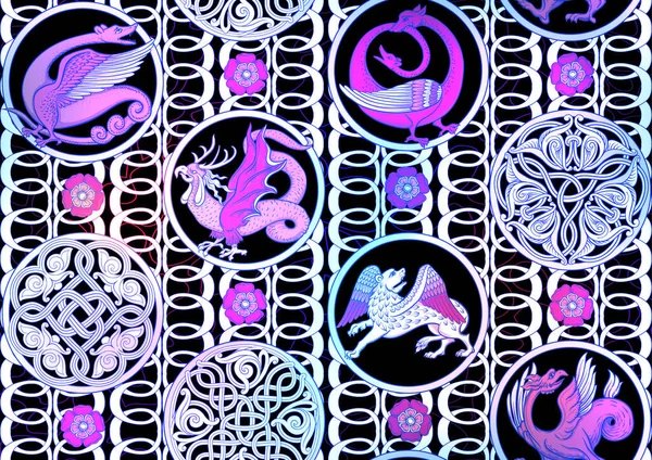 Animaux mythiques médiévaux, inspiration manuscrite enluminée, — Image vectorielle