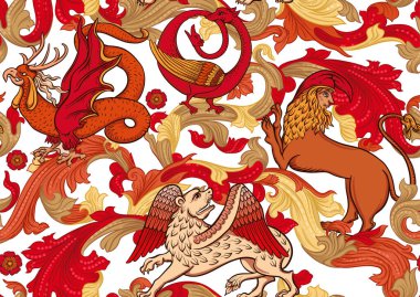 Ortaçağ mitolojik hayvanları, illuminati el yazması esinlenmeler, romansı tarzlar. Kusursuz desen, arka plan. Vektör illüstrasyonu.