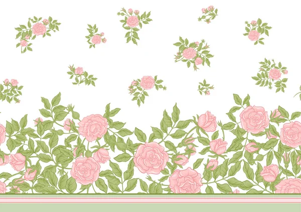 Rosas Flores Las Ramas Millefleurs Diseño Floral Moda Patrón Borde — Vector de stock