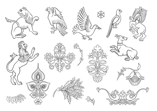 Byzantine Traditional Historical Motifs Animals Birds Flowers Plants Clip Art — ストックベクタ