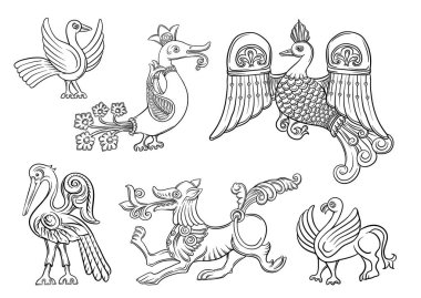 Hayvanların, kuşların, çiçeklerin ve bitkilerin geleneksel tarihsel motifleri. Clip sanatı, tasarım için elementler kümesi..