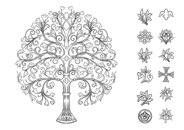 Bizantyjskie Tradycyjne Motywy Historyczne Zwierząt Ptaków Kwiatów Roślin Clip Art — Wektor stockowy