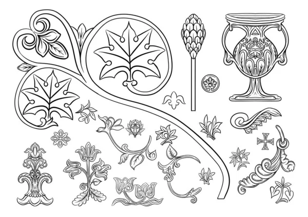 Byzantine Traditional Historical Motifs Animals Birds Flowers Plants Clip Art — Archivo Imágenes Vectoriales
