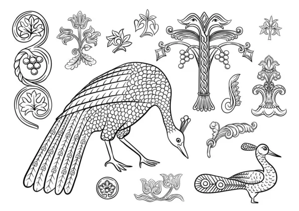 Byzantine Traditional Historical Motifs Animals Birds Flowers Plants Clip Art — Stock Vector