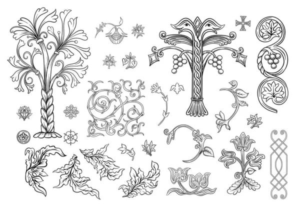 Byzantine Traditional Historical Motifs Animals Birds Flowers Plants Clip Art — Stock Vector