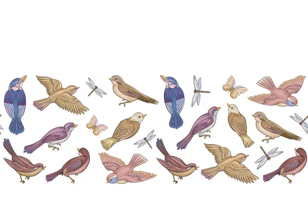 Déclencher Les Oiseaux Moineau Pinsons Papillons Libellules Modèle Sans Couture — Image vectorielle