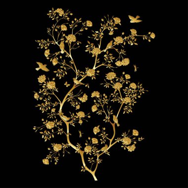 Serçe, ispinoz, kelebek ve yusufçuklarla dolu kamelya çiçeği ağacı. Clip sanatı, tasarım vektörü illüstrasyonu için element. Botanik tarzında.