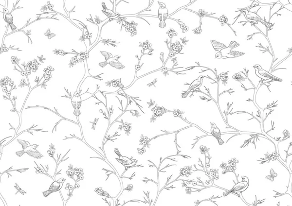 Cherry Blossom Branches Sky Sparrow Finches Seamless Pattern Background Vector — Stock vektor