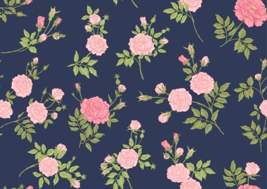 Dallardaki güller. Millefleur 'ların moda çiçek tasarımı. Kusursuz desen, arka plan. Vektör çizimi. Mavi kot arka planında