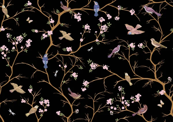 Cherry blossom branches against the sky with sparrow, finches. Seamless pattern, background. Vector illustration. Chinoiserie, traditional oriental botanical motif. In botanical style