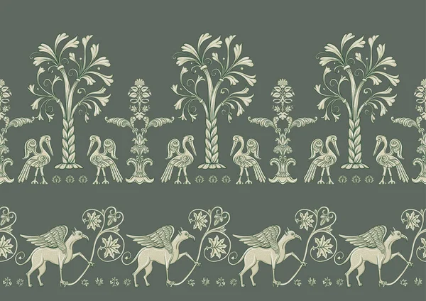 Byzantské Tradiční Historické Motivy Zvířat Ptáků Květin Rostlin Bezešvé Okraje — Stockový vektor