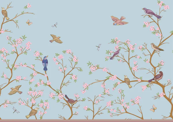 Cherry Blossom Branches Sky Sparrow Finches Seamless Pattern Background Vector — Stock vektor