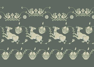 Bizans geleneksel hayvan, kuş, çiçek ve bitkilerin geleneksel tarihi motifleri. Kusursuz sınır deseni, doğrusal süs, yeşil kurdele. Vektör illüstrasyonu.