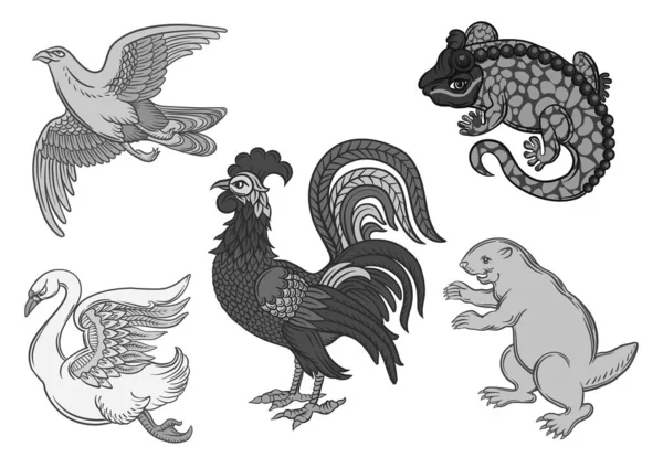 Symbolic Heraldic Animals Birds Set Eagle Beaver Rooster Swan Salamander — Wektor stockowy