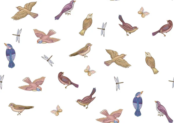 Set Birds Sparrow Finches Butterflies Dragonflies Seamless Pattern Background Hand — Image vectorielle
