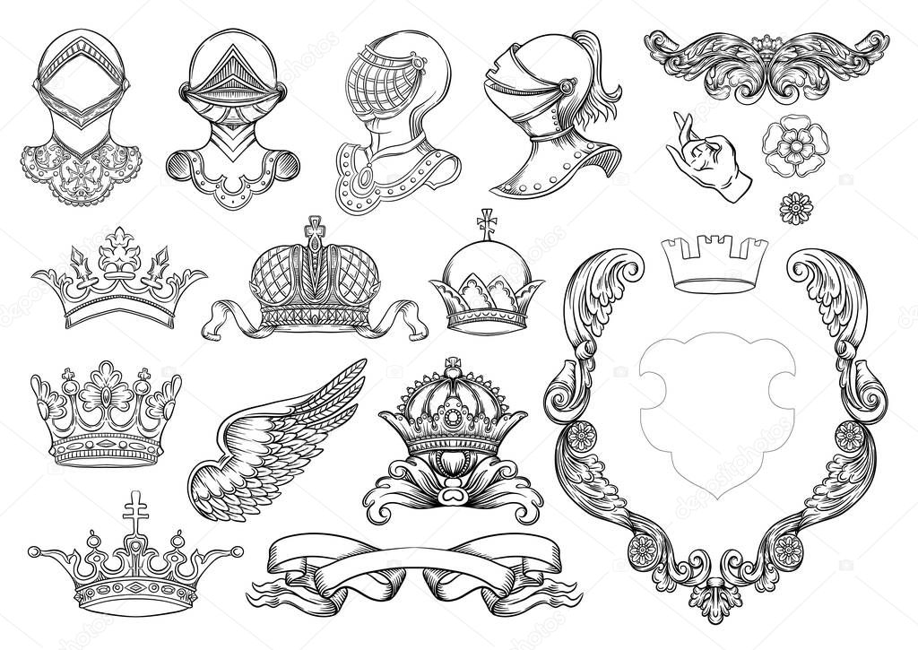 Set of crowns, knight, helmet, shield, coat of arms, ribbon, heraldry for traditional design of coats of arms and shields. Clip art, set off elements for design Vector illustration.