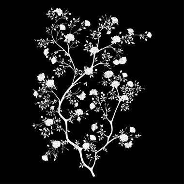 Kamelya çiçeği ağacı yonga sanatı, tasarım vektörü çizimi için element. Botanik tarzında.