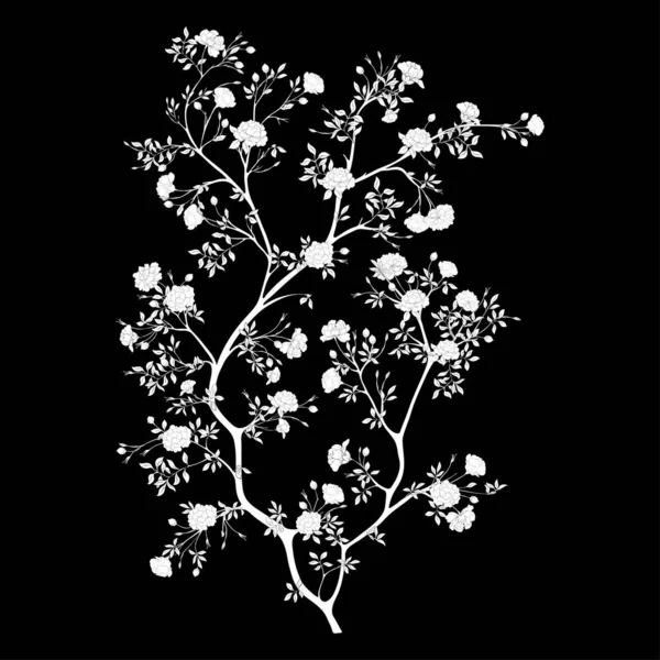 Kamelya çiçeği ağacı yonga sanatı, tasarım vektörü çizimi için element. Botanik tarzında.