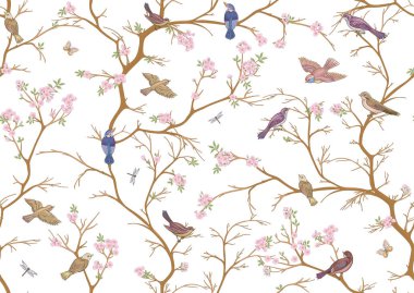 Kiraz ağacı, sakura. Serçeler, ispinozlar, kelebekler ve yusufçuklar. Kusursuz desen, arka plan. Vektör çizimi. Chinoiserie, geleneksel oryantal botanik motifi.