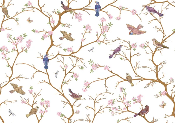 Cherry Blossom Tree Sakura Sparrow Finches Butterflies Dragonflies Seamless Pattern — Διανυσματικό Αρχείο