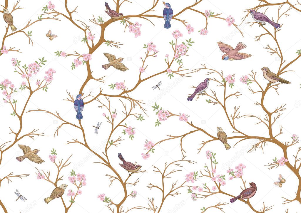 Cherry blossom tree, sakura. With sparrow, finches butterflies and dragonflies. Seamless pattern, background. Vector illustration. Chinoiserie, traditional oriental botanical motif.